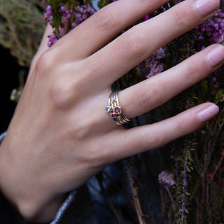 Lupus - Rhodolite Garnet, Ruby, Tanzanite and Diamond Silver and Gold Stacking Ring Set