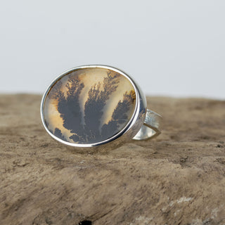 No.172 - Silver Dendritic Agate Oval Ring - Size S