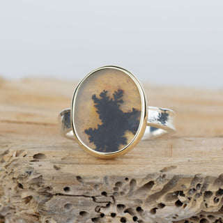 No.684 - Silver and Solid Gold Dendritic Agate Ring - Size S