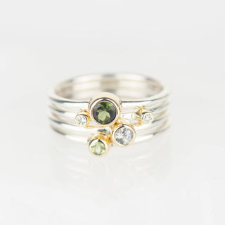 Hydrus - Green Tourmaline, Peridot, White Sapphire and Diamond Silver and Gold Stacking Ring Set