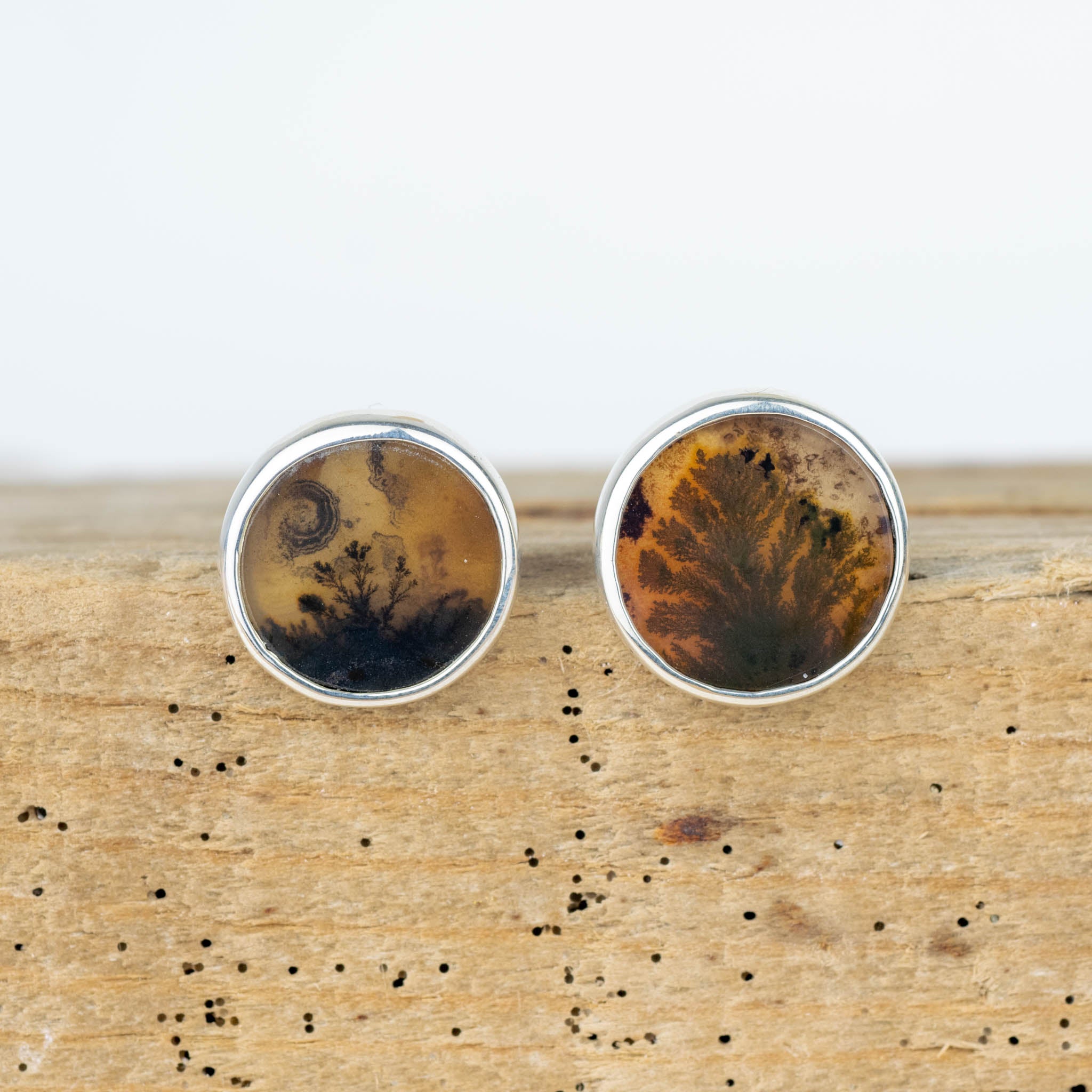 No. 50 - Silver Seaweed Dendritic Agate Mismatched Stud Earrings